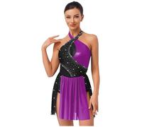 RUNQHUI Women Halter Neck Ballet Dance Ice Skating Lyrical Dress Asymmetrical Mesh Modern Latin Jazz Costume Purple S