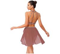 RUNQHUI Women Lyrical Dance Dress Modern Dancing Costume Sleeveless Halter Crop Top Asymmetrical Briefs Skirt Suit Dusty Pink XXL