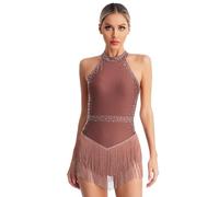 RUNQHUI Women‘s Salsa Latin Dance Dress Tassel Fringe Leotard Cocktail Dress Tango Ballroom Dancing Costume Dusty Pink S