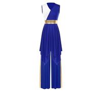 RUNQHUI Women's 2pcs Praise Dance Outfit Metallic Block Worship Dance Dress with Pants Liturgical Dancewear Blue S