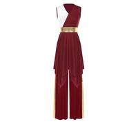 RUNQHUI Women's 2pcs Praise Dance Outfit Metallic Block Worship Dance Dress with Pants Liturgical Dancewear Burgundy L