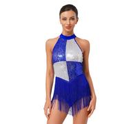 RUNQHUI Women's Fringe Modern Jazz Latin Salsa Tap Performance Costume Gymnastics Dancewear Royal Blue M