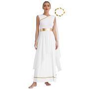RUNQHUI Women's Greek Nymph Cosplay Costume Ruffles Toga Party Gown Ancient Rome Princess Chiffon Maxi Dress White L
