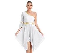 RUNQHUI Women's Liturgical Praise Dance Dress One Shoulder Irregular Hem Dresses Worship Dance Tunic White XL