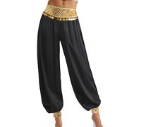 RUNQHUI Women's Long Bloomers Harem Pants for Belly Dance Costume Snakeskin Print Beaded Baggy Trousers Black XL