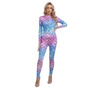 RUNQHUI Womens Mermaid Costume Jumpsuit Long Sleeve Fish Scale Print Zipper One Piece Swimsuit Type G S