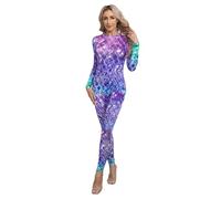 RUNQHUI Womens Mermaid Costume Jumpsuit Long Sleeve Fish Scale Print Zipper One Piece Swimsuit Type B XL