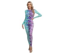 RUNQHUI Womens Mermaid Costume Jumpsuit Long Sleeve Fish Scale Print Zipper One Piece Swimsuit Type D L