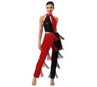RUNQHUI Women's Sequins Fringe Tassel Jumpsuit Latin Jazz Dance Costume for Ballroom Rumba Tango Salsa Red S