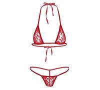RUNQHUI Women's Sheer Mesh Brazilian Micro Bikini Extreme Bra with G-String Briefs 2 Piece Lingerie Set Red One Size