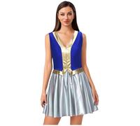 RUNQHUI Women's Toad Female Mushroom Costume Toadette Fancy Dress | Flattering V-neck Sleeveless Cut, Hidden Back Zipper Closure, Color Block Metallic Dress, For Halloween, Comic Con, Parties