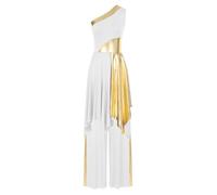 RUNQHUI Worship Dance Outfit for Women One Shoulder Asymmetrical Hem Praise Dress with Wide-Leg Pants White M