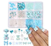 RUNRAYAY 12 Grid Blue Assorted Mix 3D Resin Nail Charms, Cute Resin Charms for Acrylic Nail Decoration DIY Crafts, Bow Hollow Love Bear Elephant Embellishments for Nail Design DIY