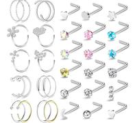 RUNRAYAY 18G 20G Nose Rings Studs, Hypoallergenic 316L Surgical Steel L Shaped, 28Pcs Screw Nose Rings Hoops Silver Heart Star Diamond Nose Piercing Jewelry for Women Men