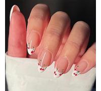 RUNRAYAY 24Pcs cherry Press on Nails Medium, Almond Fake Nails with Designs, French tips Glossy Ballerina Acrylic Nails Press on for Women Girls