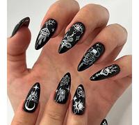 RUNRAYAY 24Pcs Press on Nails Almond, Black Punk Snake Fake Nails Coffin, False Nails for Women and Girls