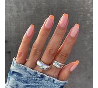RUNRAYAY 24Pcs Press on Nails Medium, Orange Fake Nails Almond Glue on Nails, False Nails Acrylic Nail for Women and Girls