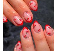 RUNRAYAY 24Pcs Red French Tips Medium Almond False Nail, Cherry Press on Nails, Fingernails Glossy Gold Curve Line Stick on Nail Acrylic Full Cover Fake Nails for Holiday Manicure Art