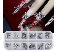 RUNRAYAY 28pcs 3D Halloween Nail Charms, Cross Chrome Metal Nail Art Charm Vintage Gothic Retro Punk Skulls Mixed for Manicure Craft DIY Nail Art Decoration Accessories with a Box