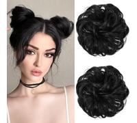 RUNRAYAY 2Pcs Messy Bun Hair Pieces, Large Wavy Curly Elastic Hair Bun Scrunchies Ponytail Extensions Synthetic Chignon Hairpieces for Women, 1B