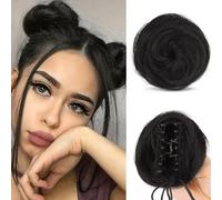 RUNRAYAY 2Pcs Mini Claw Clip in Messy & Cat Ears Hair Bun Extensions Synthetic Hair Chignon Donut Wig Accessory Updo Space Bun Hair Pieces for Women Girls, 1B
