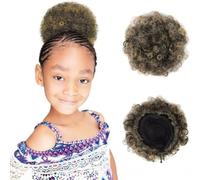 RUNRAYAY 2Pcs Small Afro Puff Ponytail Extension for Kids, T1B/27, Drawstring Ponytailsand Messy Hair Bun, Baby Black Women Short African American Summer Double Synthetic, 4C Fake Bun Kinky Curly