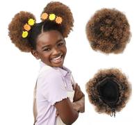 RUNRAYAY 2Pcs Small Afro Puff Ponytail Extension for Kids, T1B/30, Drawstring Ponytailsand Messy Hair Bun, Baby Black Women Short African American Summer Double Synthetic, 4C Fake Bun Kinky Curly