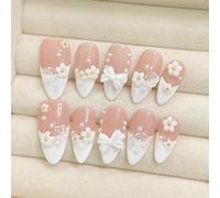 RUNRAYAY 3D Flower Press on Nails Coffin Pink Design, Reusable Stick on Fake Nails for Women, Cute Kawaii Salon Manicure Set 24Pcs - A