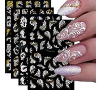 RUNRAYAY 4 Sheets 5D Embossed Flowers Nail Art Stickers, Self-Adhesive Gold Nail Decals Nail Supplies Nail Design for Summer DIY Acrylic Nail Decoration