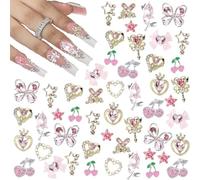 RUNRAYAY 48Pcs Nail Charms, Mixed Style Y2K Alloy Nail Art Rhinestone Charms, 3D Heart Star Bow with Rhinestones Cherry Nail Gems Shiny Jewelry Nail Decorations Accessories Supplies