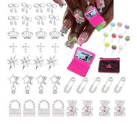 RUNRAYAY 48Pcs Silver Nail Charms Y2K, Mixed Style Alloy Star Crown Candy Cross Bear Nail Charms for Nail Art, Shiny Metal Women Girl Manicure DIY for Nails Art Design DIY Accessories