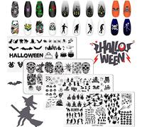 RUNRAYAY 4Pcs Halloween Nail Stamp Plates, Nail Art Stamping Templates Plate for Diy Nail Decoration, Spider Web/Pumpkin/Withered Tree Design Nail Supplies