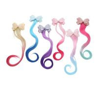 RUNRAYAY 6 Pcs Colored Hair Clips Hair Extensions for Kids, Bowknot Curly Wavy Synthetic Hairpieces Clip in Rainbow Neon Party Highlights, Colorful Hair Accessories for Girls Women 12 Inch