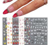 RUNRAYAY 6 Sheets Flowers Nail Stickers, Butterfly Strawberry Bee Self-Adhesive Floral Nail Decals, Spring Nail Art Acrylic for Manicure Decor
