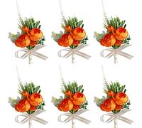 runrayay 6Pcs Burgundy Boutonniere for Men, Orange Rose Wedding Boutonniere with Pin for Groom Groomsmen Buttonholes Man Suit Corsage for Vintage Wedding Ceremony Dinner Party