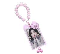 runrayay Acrylic Photocard Holder with Bell, Clear ID Bank Photo Card Holder, Transparent Kpop Keychain Badge Picture Frame Cute Protector for Women Girl, Pink