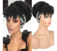 RUNRAYAY Afro Puff Drawstring Ponytail with Headband Attached for Black Women, Short Kinky Curly Synthetic Pony Tails Hair Extensions Hair Bun Fluffy Updo for Daily and Party Use, B