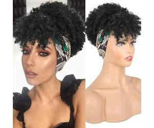 RUNRAYAY Afro Puff Drawstring Ponytail with Headband Attached for Black Women, Short Kinky Curly Synthetic Pony Tails Hair Extensions Hair Bun Fluffy Updo for Daily and Party Use, B