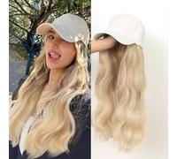 RUNRAYAY Baseball Cap Wig 20In Long Natural Wave Hair Extensions with Hat Heat Resistant Synthetic Adjustable Wig White Cap Wigs for Women Girls, Golden
