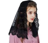 RUNRAYAY Black Floral Lace Veils, Embroidered Head Covering Latin Mass Mantilla Church Veils Short Scarf for Bridal Women