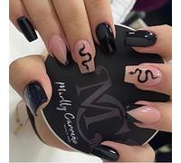 RUNRAYAY Black & Nude French Medium Fake Nail, Press on False Nails with Snake Design, Coffin Acrylic Full Cover Nails Tips for Women & Girls 24Pcs