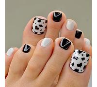 RUNRAYAY Black & White Press On Toenail with Dairy Cow Pattern, French Tip Fake Toe Nails Press Ons Full Cover Artificial Foot Nails for Nail Salons And Diy Nail Art Summer 24Pcs