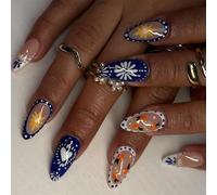 RUNRAYAY Blue Press on Nails, Medium Almond Fake Nails French Tip False Nails with Flower Design Nails Glossy Full Cover Stick on Nails for Women Manicure 24Pcs