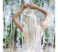 RUNRAYAY Bohemian Tassel Headbands, White Macrame Wedding Veil Boho Hippie Feather Headband Bridal Headpiece Accessories for Women and Girls