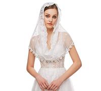 runrayay Church Mantilla Catholic Veil, White Inspired Infinity Shape Holy Virgin Embroidery Scarf Traditional Mass Veil Chapel Prayer Lace Scarf