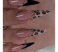 RUNRAYAY Extra Long Almond Press on Nails, Fake Nails with Leopard Print Designs Nails Press Ons Glossy Stick on Nails Acrylic False Nails Full Cover Stick on Nails