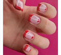 RUNRAYAY French Tip Press on Nails short, Coffin Fake Nails False Nail with Red Heart Love Design Glossy Stick on Nails for Women