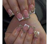 RUNRAYAY French Tips Press on Nails with Rhinestones Designs Square Fake Nails Cute,Stick on Nails Acrylic Nails Nude Nails for Women Daily Wear