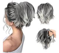 RUNRAYAY Hair Bun Hairpiece Fully Short Ponytail Bun Mixed Grey Hair Chignon with Comb Bun Updo Drawstring Bun Synthetic Hair Piece Extension for Women, Grey Silver