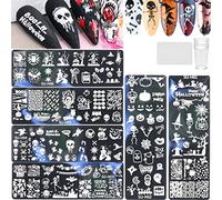 RUNRAYAY Halloween Nail Stamper Kit, 6Pcs Nail Plates + 1 Nail Stamper + 1 Nail Scraper Human Skeleton/Spider Web/Pumpkin/Withered Tree Design Nail Decoration Supplies, 8 Piece Set